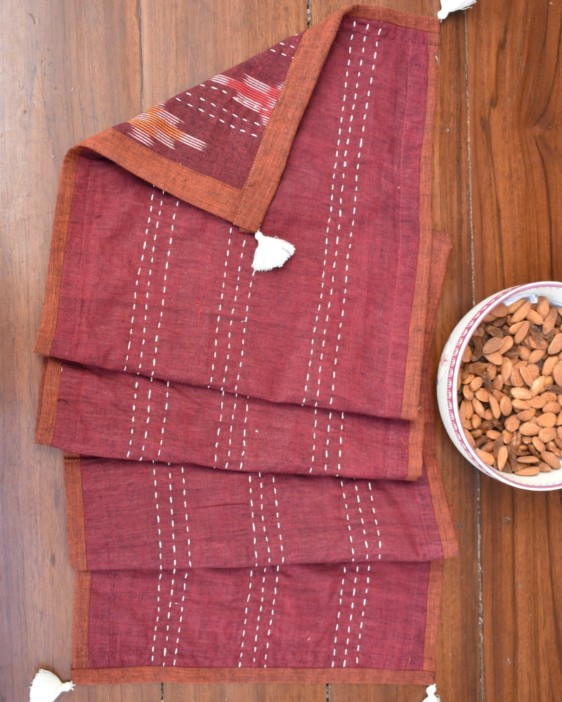 Maroon ikat reversible table runner with kantha embroidery: HTR17E-13x60-2