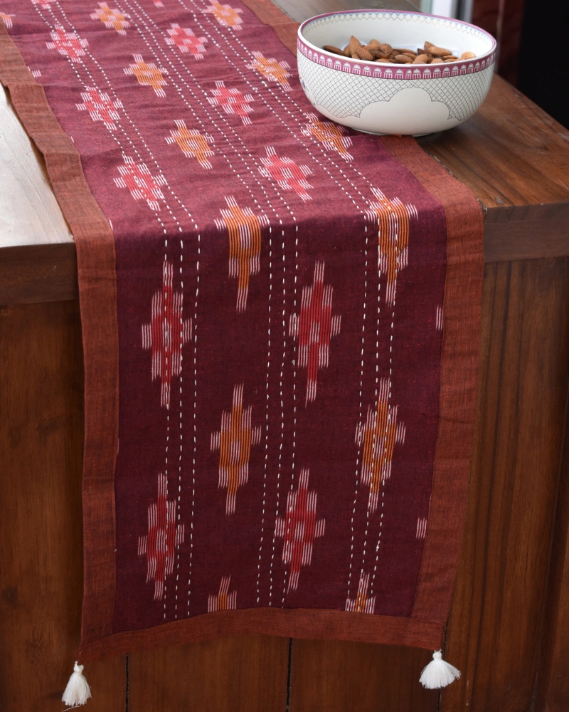 Maroon ikat reversible table runner with kantha embroidery: HTR17E-HTR17E-M