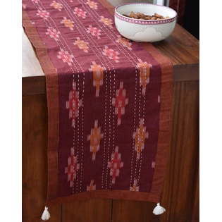 Maroon ikat reversible table runner with kantha embroidery: HTR17E