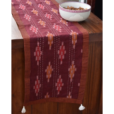 Maroon ikat reversible table runner with kantha embroidery: HTR17E