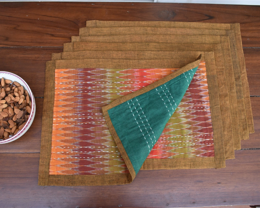 Rust and green ikat table mat set of six - HTM08C-4