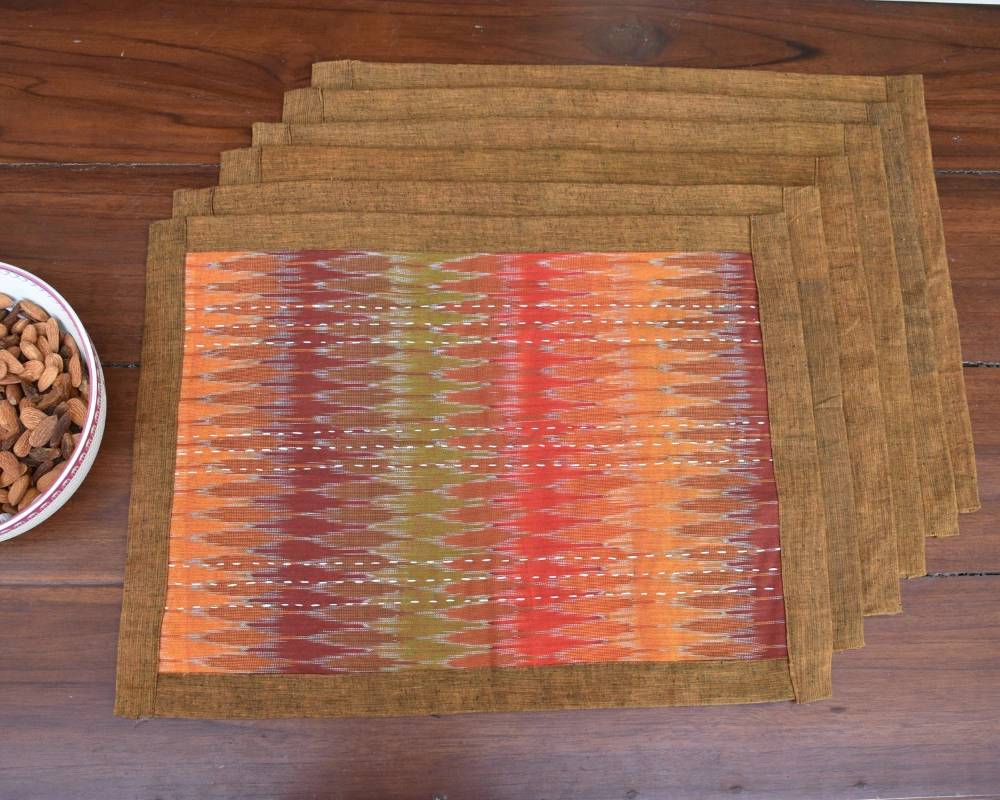 Rust and green ikat table mat set of six - HTM08C-2