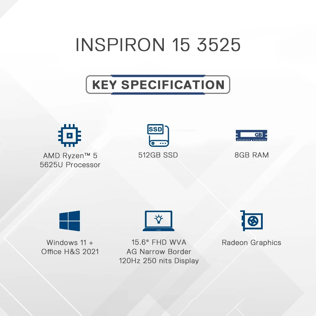 Dell Inspiron 3525 Laptop, AMD Ryzen 5-5625U, 8GB, 512GB SSD, Win 11 + MSO'21, 15.6&quot; (39.62Cms) FHD WVA AG 120Hz 250 nits, Platinum Silver (D560789WIN9S, 1.68Kgs)-4