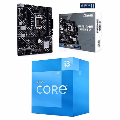 intel core i3 h610-12100 12th gen desktop processor 12mb 4 cores 8 threads and asus prime h610m-e d4 motherboard combo 3 years warranty gaming editing office, ddr4, micro atx (windows 11 supported)
