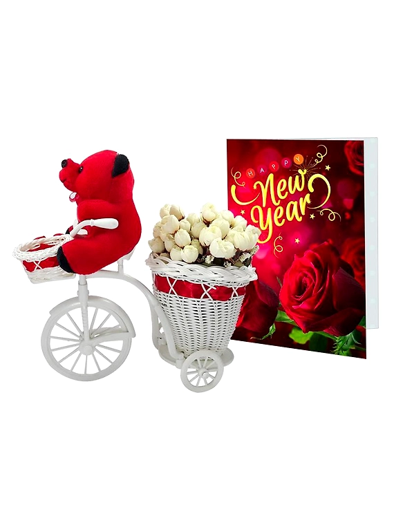 LOF New Year Gift For Friends Girlfriend Best Wishes and Home Decoration Flower Basket Cycle with Greeting Card Teddy ST-01-LOF-BIGCYCFLOCRDTDY-01
