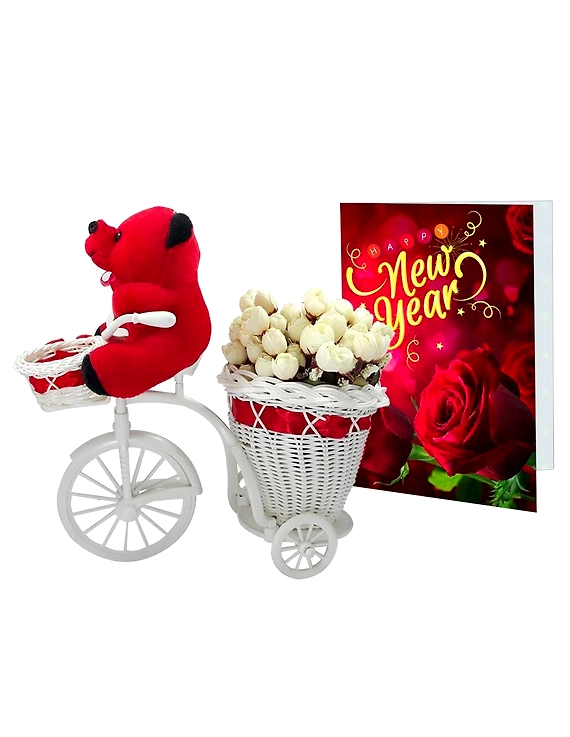 LOF New Year Gift For Friends Girlfriend Best Wishes and Home Decoration Flower Basket Cycle with Greeting Card Teddy ST-02-LOF-BIGCYCFLOCRDTDY-02