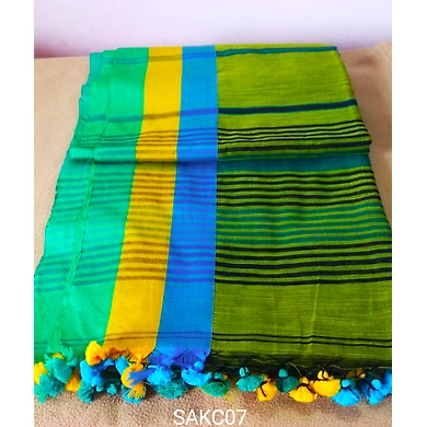 Green Color Khadi Handloom Cotton Saree with Running Blouse-Green-1
