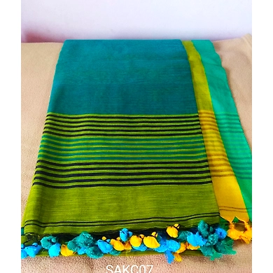 Green Color Khadi Handloom Cotton Saree with Running Blouse-Green-2