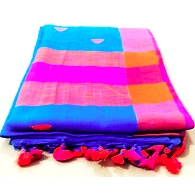 Blue Color Khadi Handloom Cotton Saree With Running Blouse.-Blue