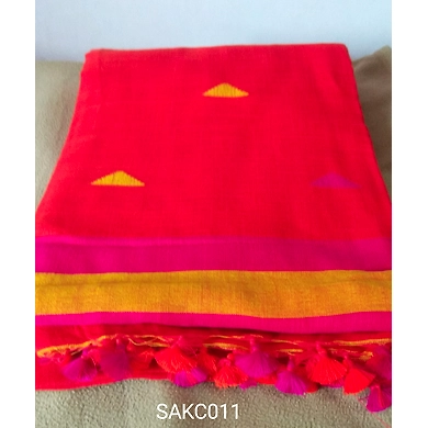 Deep orange colour Khadi Handloom Cotton Saree With Running Blouse-Deep orange-1