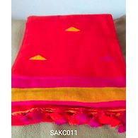 Deep orange colour Khadi Handloom Cotton Saree With Running Blouse-Deep orange