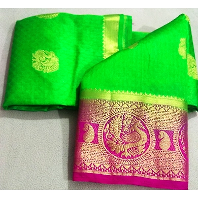 Green Raw Silk Saree With Running Blouse-Green-1