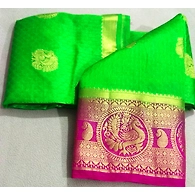 Green Raw Silk Saree With Running Blouse-Green