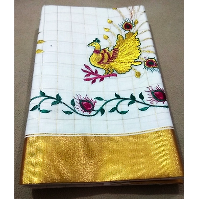 Cream color Kerala cotton saree with unstitched blouse piece-1