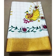 Cream color Kerala cotton saree with unstitched blouse piece