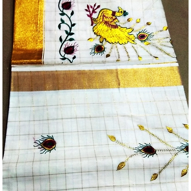 Cream color Kerala cotton saree with unstitched blouse piece-2