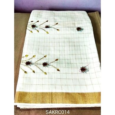 Cream color Kerala cotton saree with unstitched blouse piece-SAKRC014