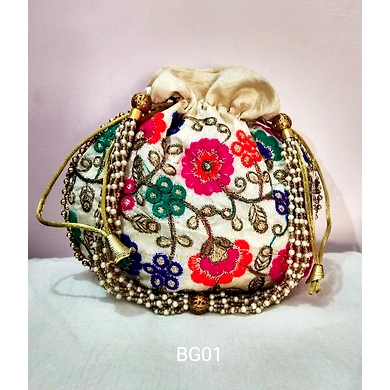BG01 Cream Color Rajasthani Potli Hand Purse-1