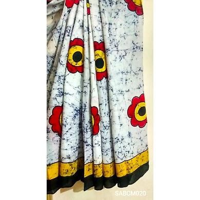 SABCM020 Handwoven Hand batik and Hand Painted Cotton Mulmul Saree with Running Blouse-SABCM020