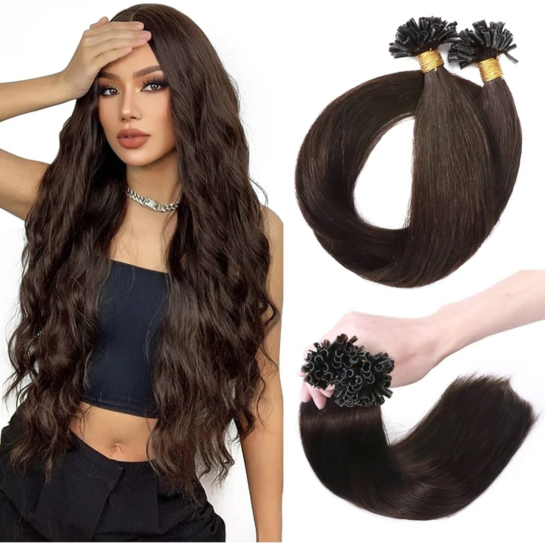 U-Tip Hair Extension Short Lengths 12&quot;, 14&quot;, 16&quot;-Curly-Dark Brown-14 INCH-1