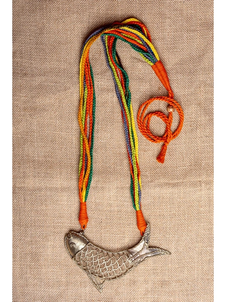 Handcrafted Dokra Fish Pendant Neckpiece with Multi Color Braided Back Dori-LAA-NL-013