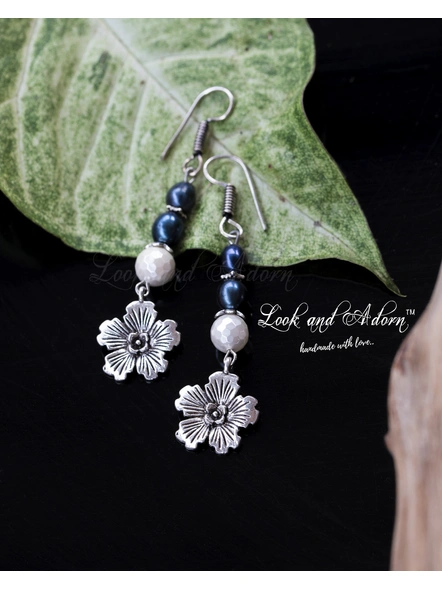 Handcrafted Sea Shell Pearl Earring with Floral German Silver Charm-LAA-ER-032