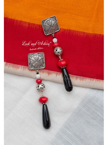 Handcrafted German Silver Square Stud Dangler with GS Bead Red Howlite Turquoise Mother of Pearl &amp; Black Jade Drop-LAA-ER-067