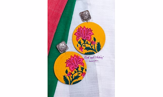 German Silver Square Stud with Jumbo Circular Yellow Floral Base Earring