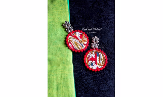 German Silver Paisley Stud with Hanging Multicolored Kalamkari Circular Base and Red Lace Earring