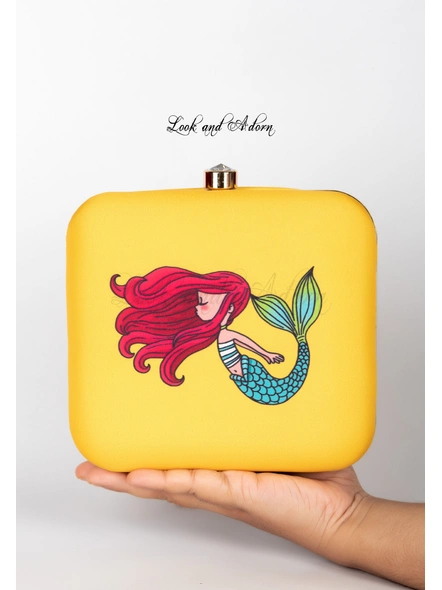 Handcrafted Yellow Mermaid American Crepe Square Printed Designer Clutch cum Sling Bag-LAA-CLUTCH-020