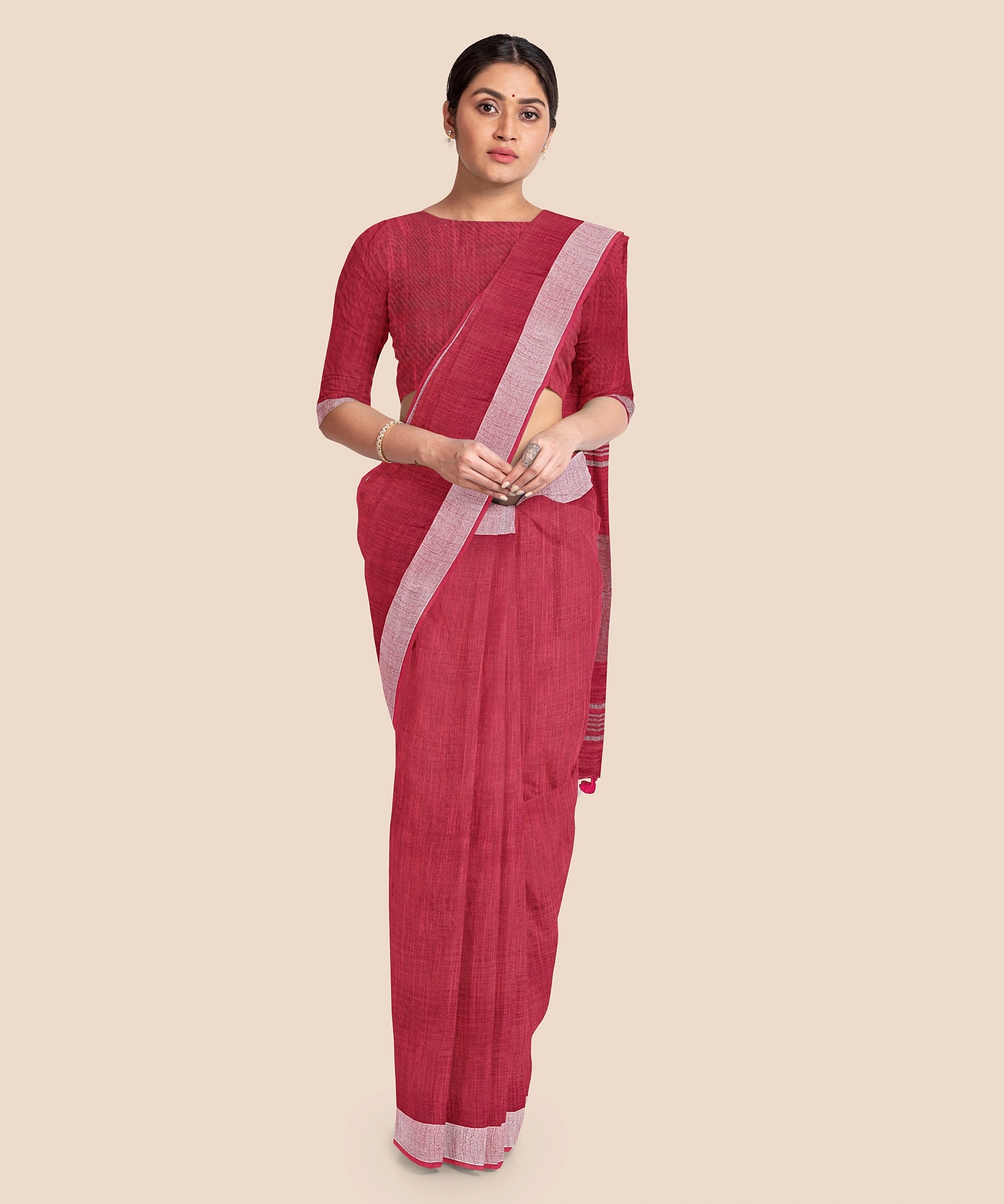 Bhagalpuri Red Cotton Linen Saree with Silver Zari Border-LAABPLC004