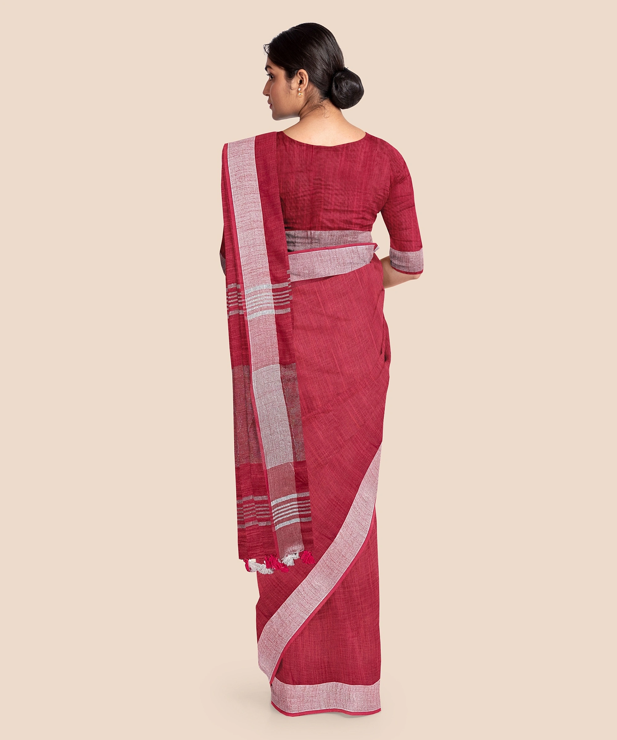 Bhagalpuri Red Cotton Linen Saree with Silver Zari Border-Red-Cotton Linen-One Size-Bhagalpuri-Female-Adult-1