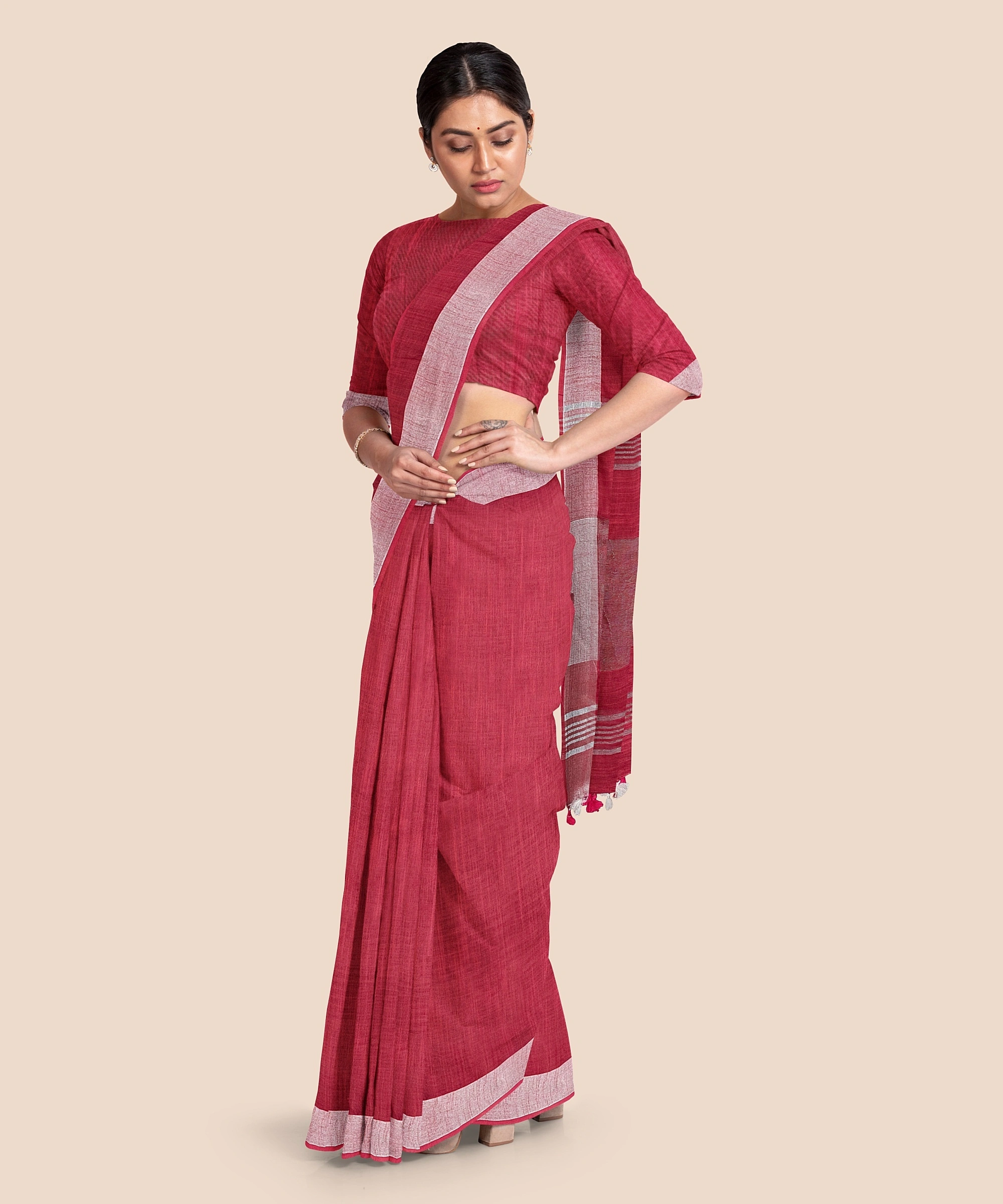 Bhagalpuri Red Cotton Linen Saree with Silver Zari Border-Red-Cotton Linen-One Size-Bhagalpuri-Female-Adult-3