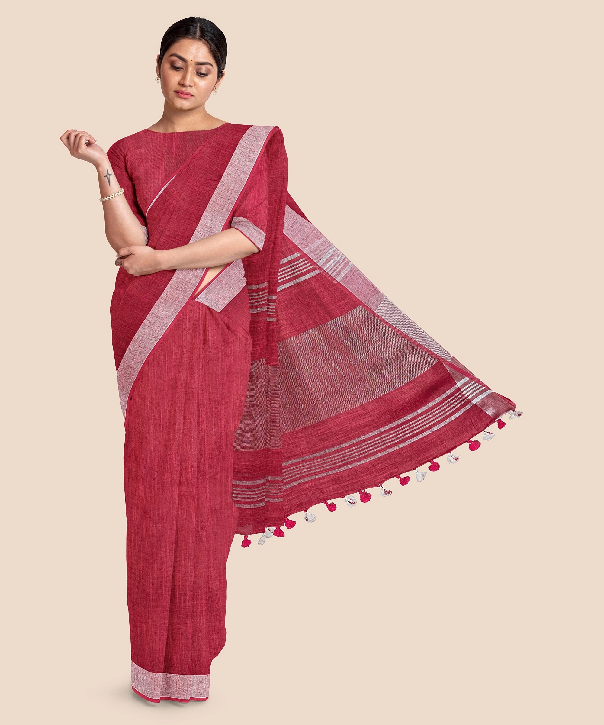 Bhagalpuri Red Cotton Linen Saree with Silver Zari Border-Red-Cotton Linen-One Size-Bhagalpuri-Female-Adult-5