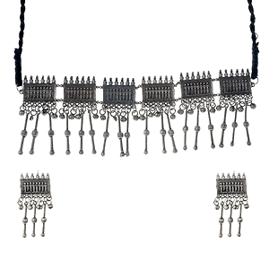 Handcrafted Designer Black Polished Choker with Adjustable Black Dori and Matching Earring