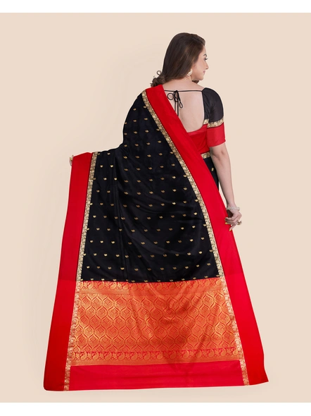 Black with Red Border Garad Kanchipuram Style Golden Zari Work Silk Blend Saree with Blouse Piece-1