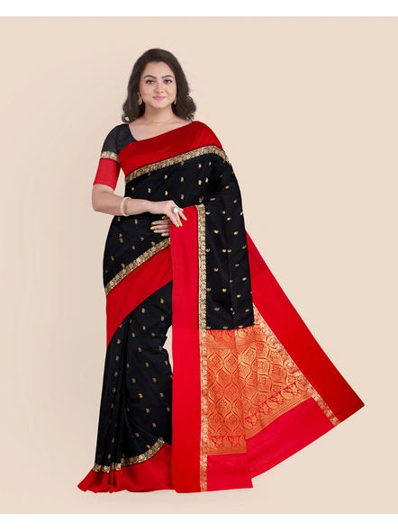 Black with Red Border Garad Kanchipuram Style Golden Zari Work Silk Blend Saree with Blouse Piece-2