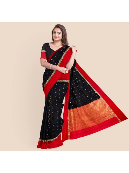 Black with Red Border Garad Kanchipuram Style Golden Zari Work Silk Blend Saree with Blouse Piece-4