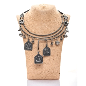 Handcrafted Designer 3 layered Devi footprint Pendant Neckset with Ghungroo Adjustable Tassle and Earring
