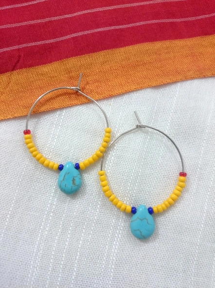 Handcrafted Pretty Turquoise Drop Bali with Red Yellow and Blue Seed Bead-LAAER278