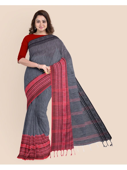 Grey Red Black Handwoven Cotton Begumpuri Ganga Jamuna Mahapaar Saree with Blouse Piece-Grey-Cotton-Free-Female-Adult-Sari-3