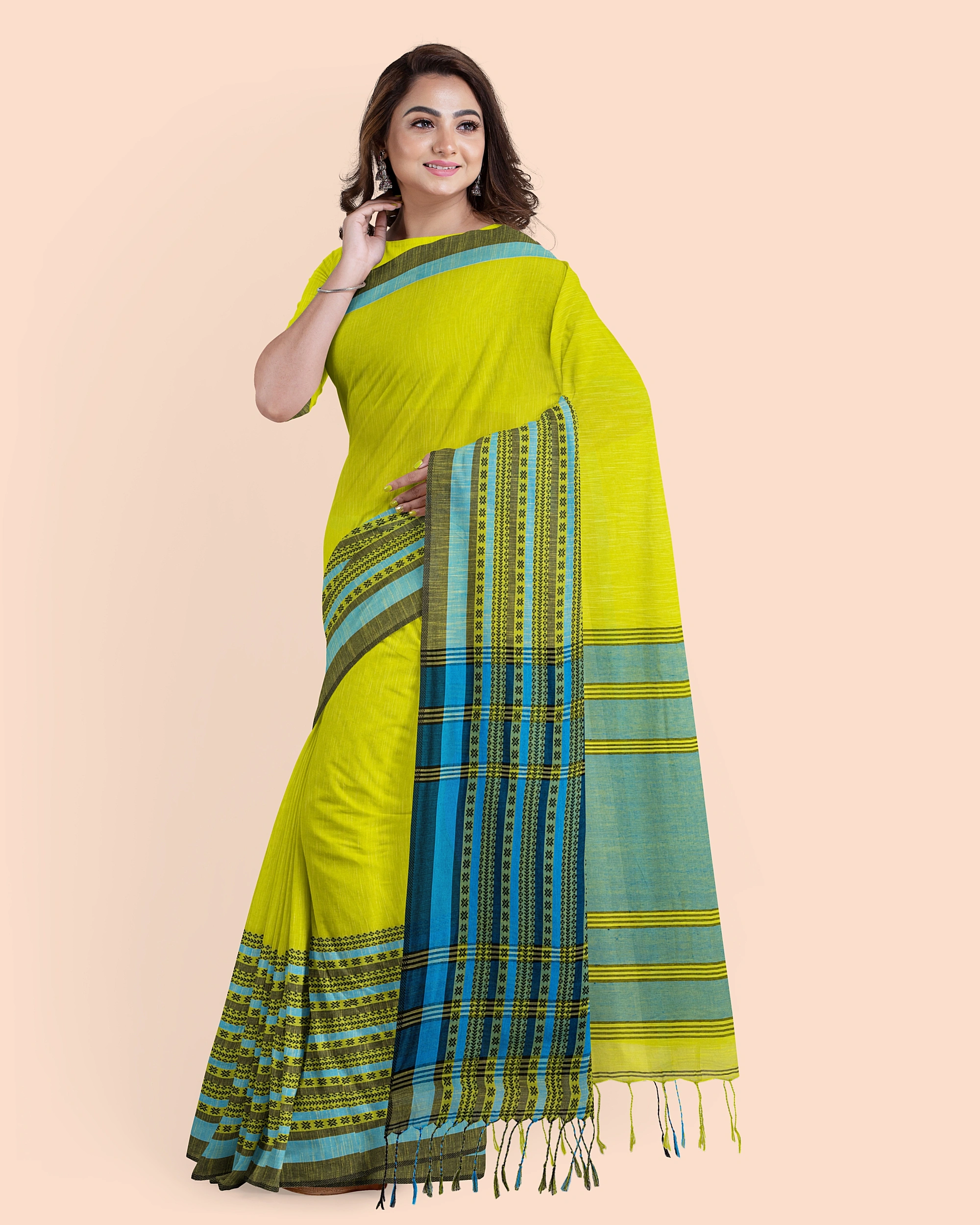 Lemon Green Blue Handwoven Cotton Begumpuri Mahapaar Saree with Blouse Piece-Lemon Green-Cotton-Free-Female-Adult-Sari-4