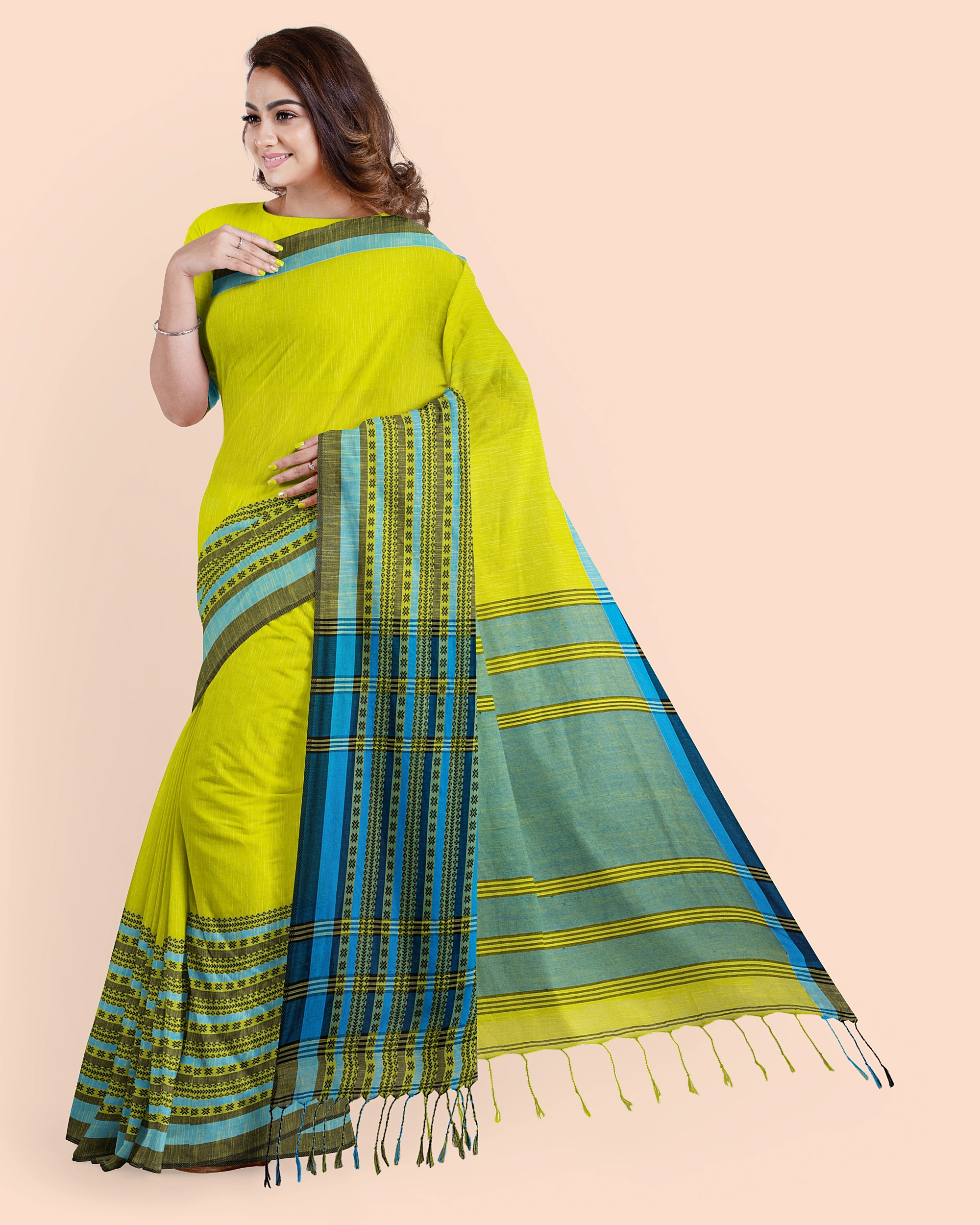 Lemon Green Blue Handwoven Cotton Begumpuri Mahapaar Saree with Blouse Piece-Lemon Green-Cotton-Free-Female-Adult-Sari-3