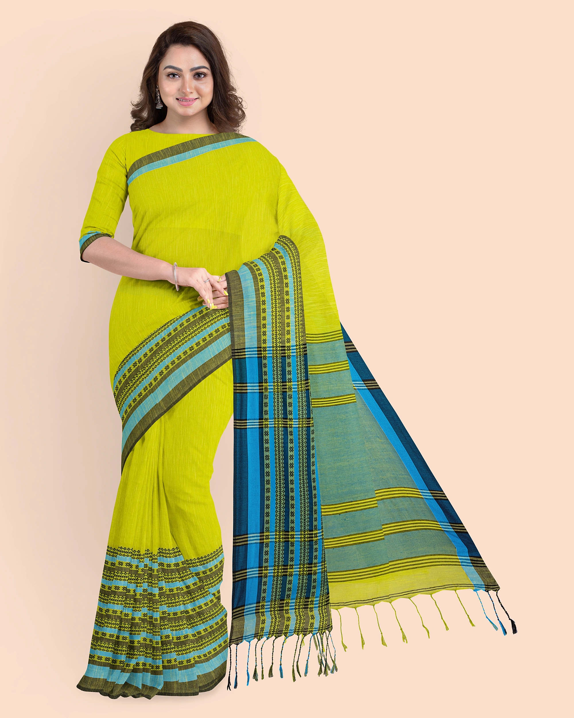 Lemon Green Blue Handwoven Cotton Begumpuri Mahapaar Saree with Blouse Piece-LAAHKBSWBP014