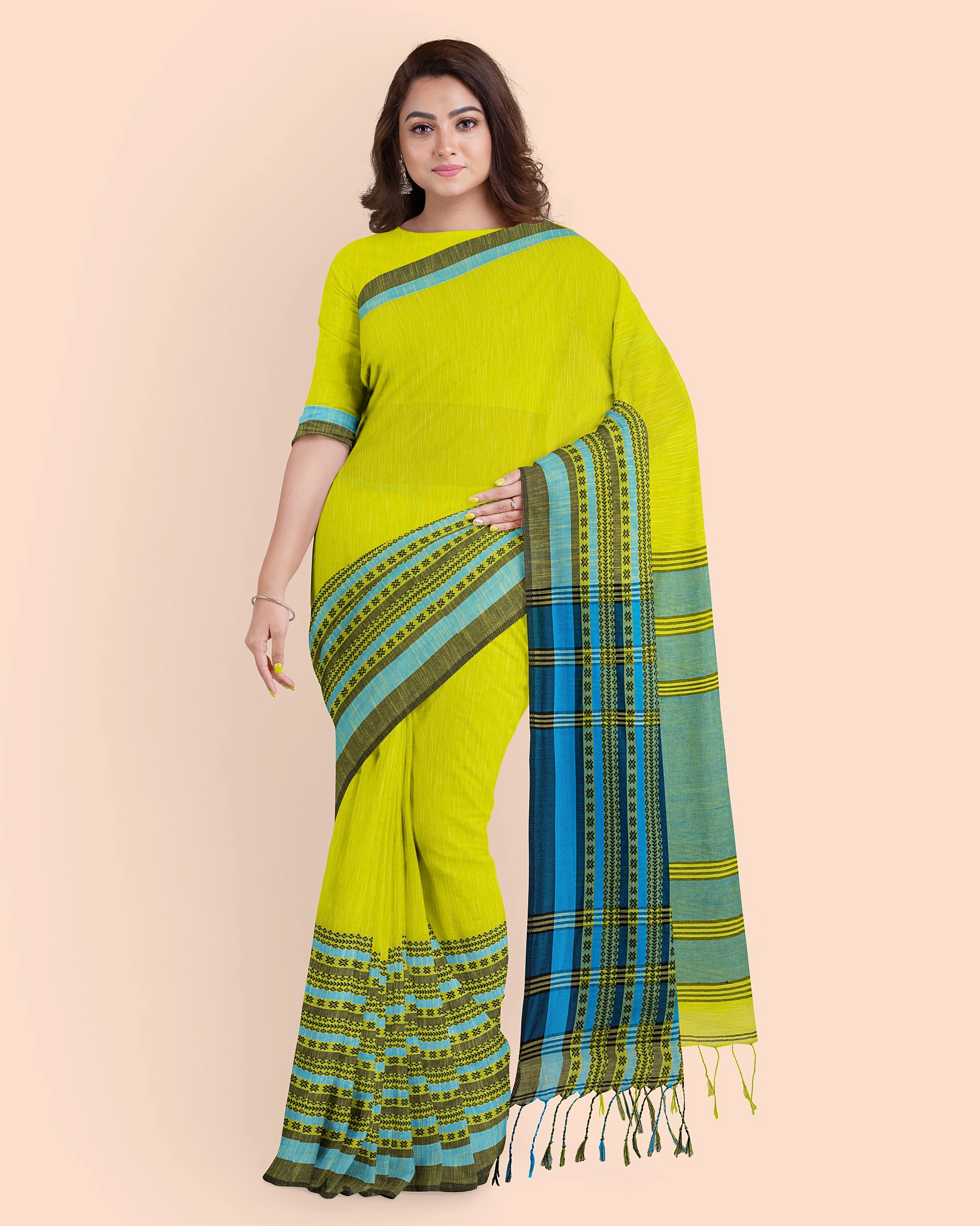 Lemon Green Blue Handwoven Cotton Begumpuri Mahapaar Saree with Blouse Piece-Lemon Green-Cotton-Free-Female-Adult-Sari-2