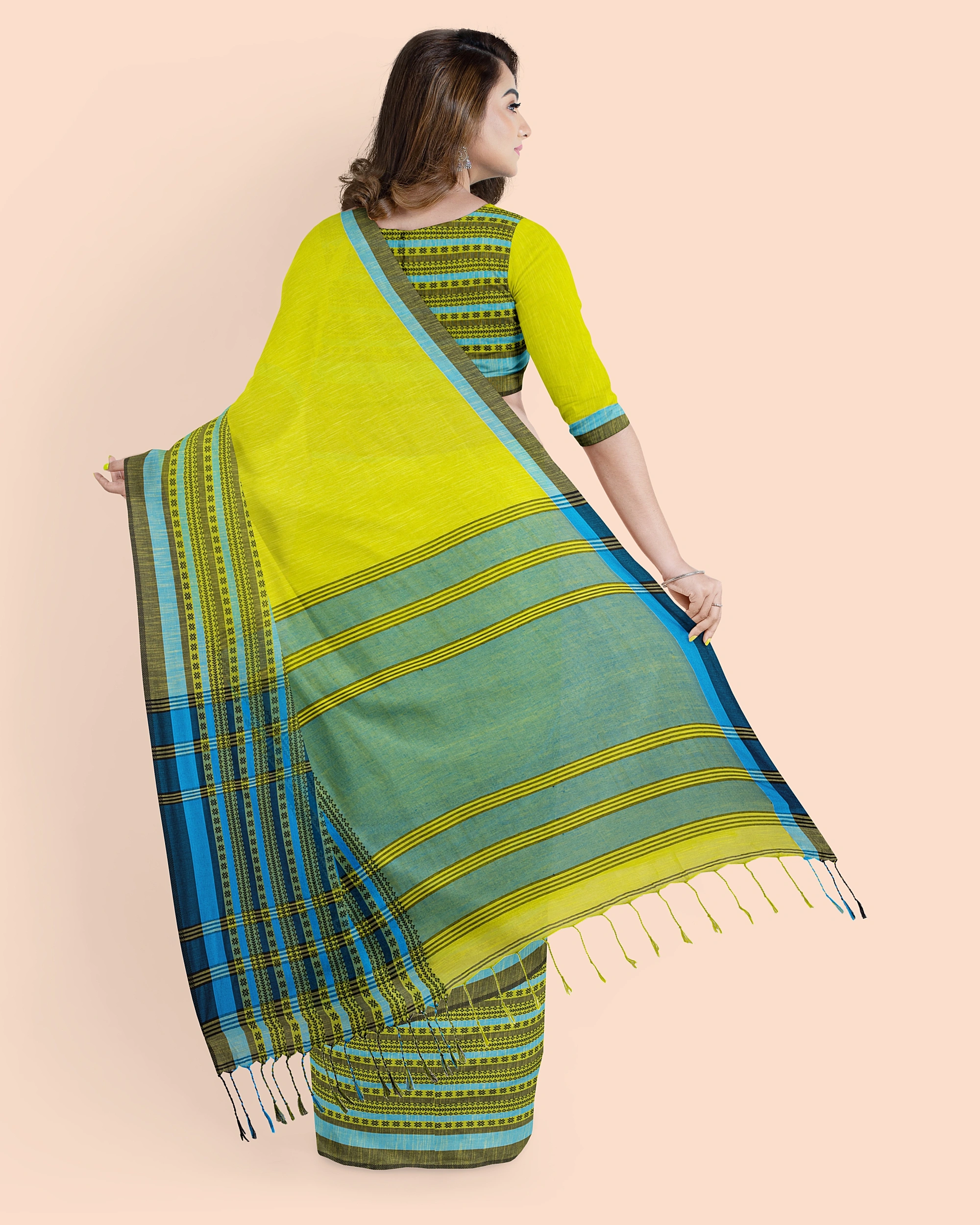 Lemon Green Blue Handwoven Cotton Begumpuri Mahapaar Saree with Blouse Piece-Lemon Green-Cotton-Free-Female-Adult-Sari-1