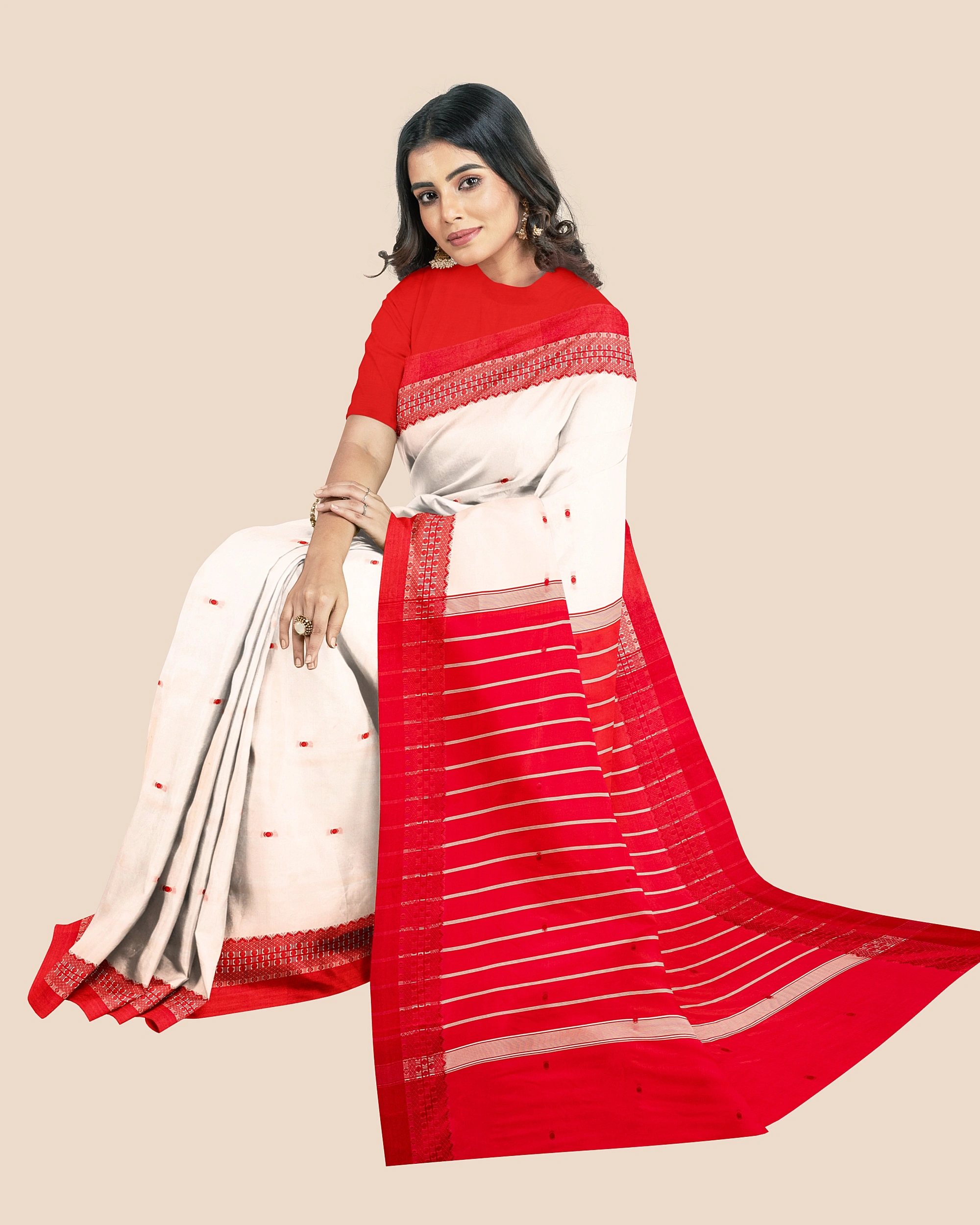 Cream with Red Bordar Garad Art Silk Saree-4