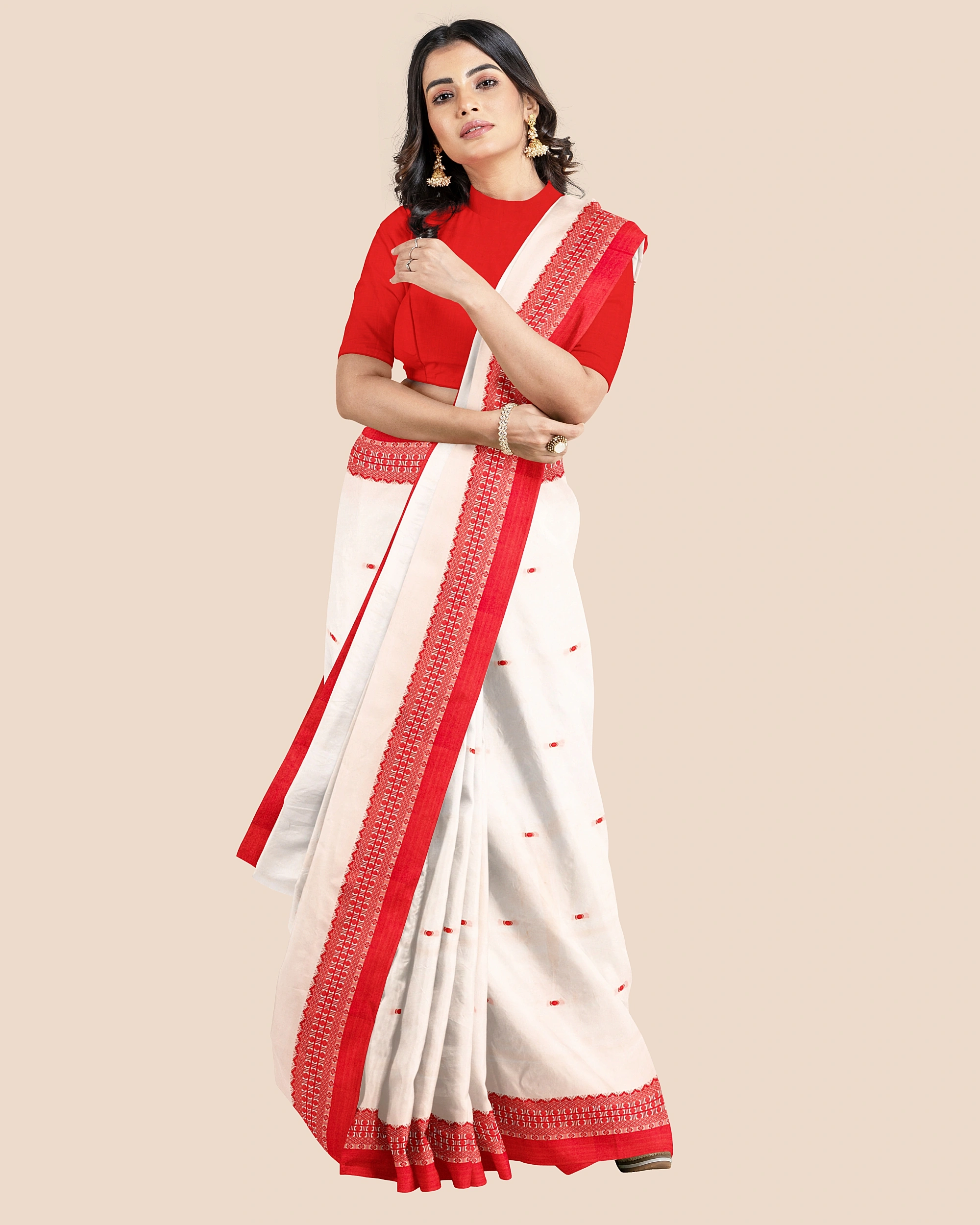 Cream with Red Bordar Garad Art Silk Saree-LAAGASS001