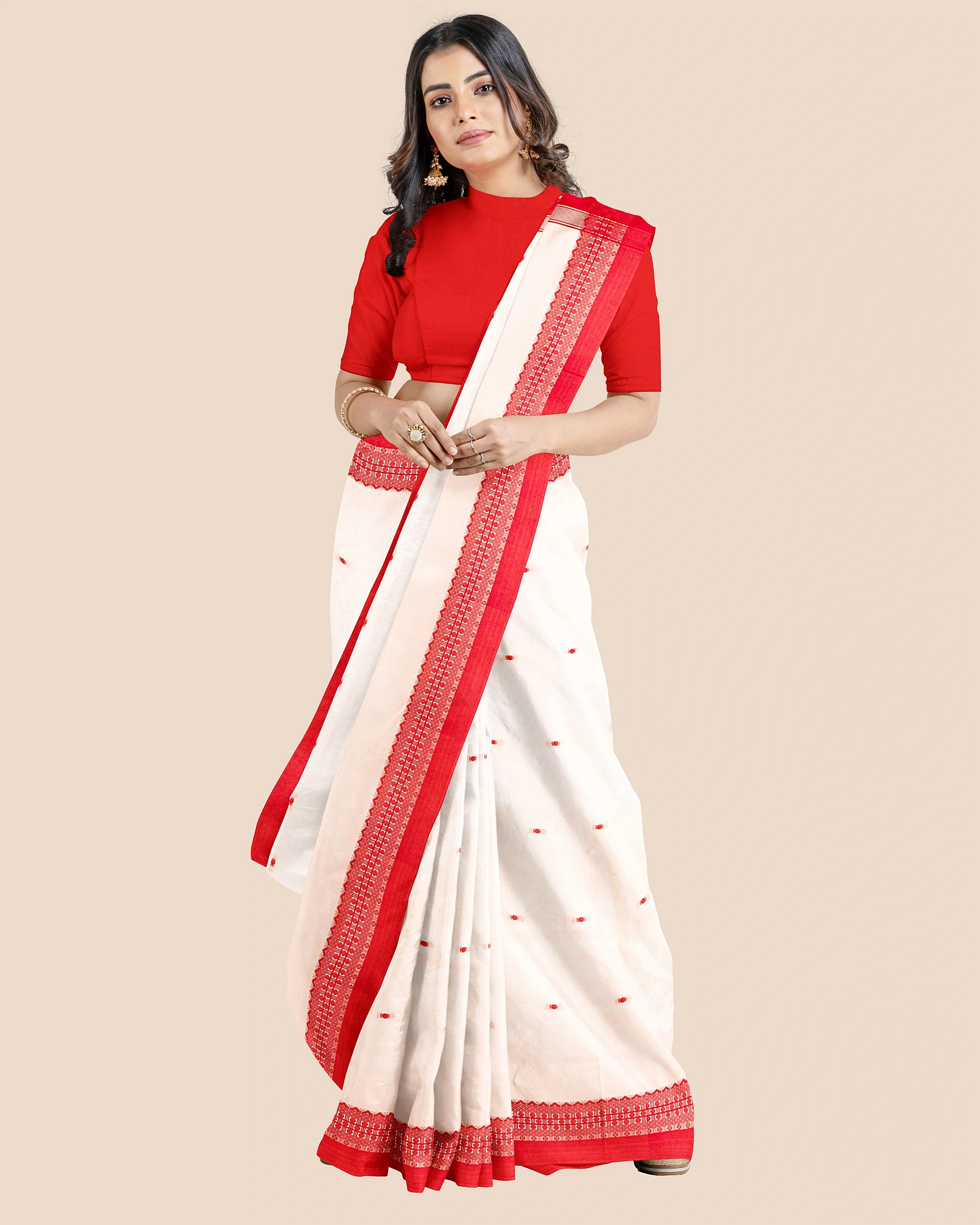 Cream with Red Bordar Garad Art Silk Saree-3