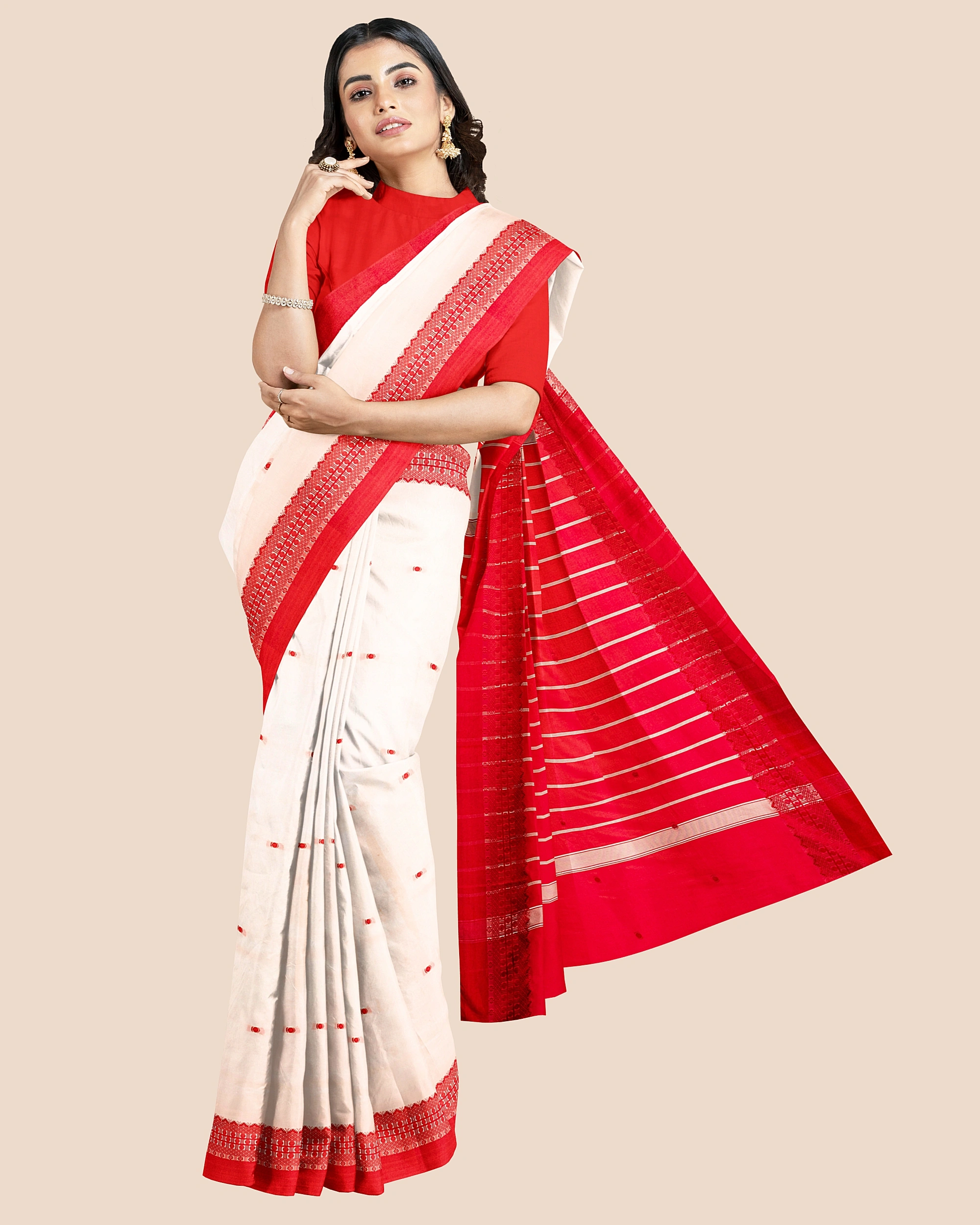 Cream with Red Bordar Garad Art Silk Saree-2